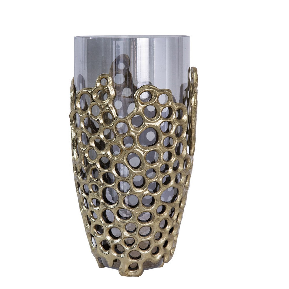 Brian Decorative Vase w Gold Metal Sculpted Lid | Black Glass 15"