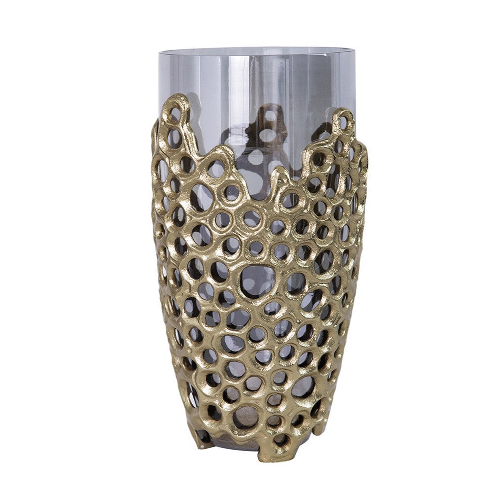 Brian Decorative Vase w Gold Metal Sculpted Lid | Black Glass 15"