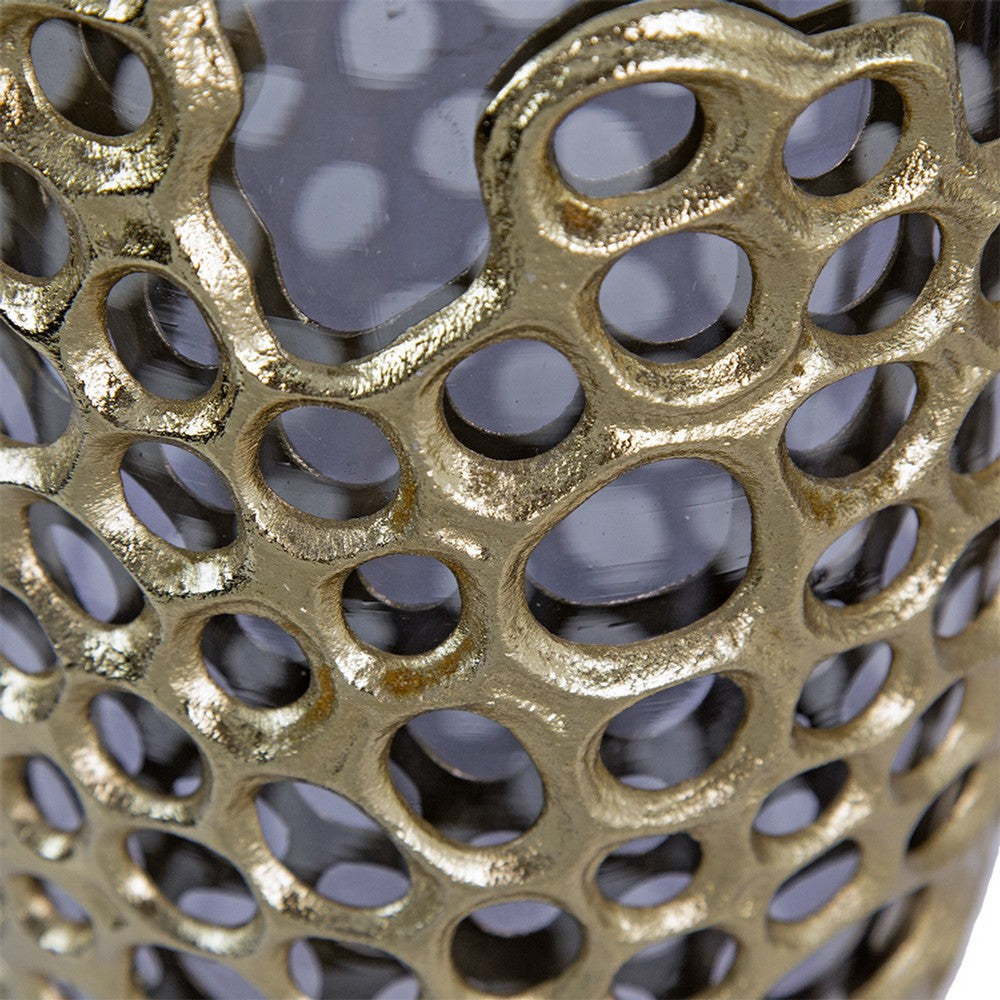 Brian Decorative Vase w Gold Metal Sculpted Lid | Black Glass 15"
