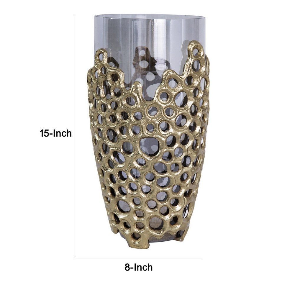 Brian Decorative Vase w Gold Metal Sculpted Lid | Black Glass 15"