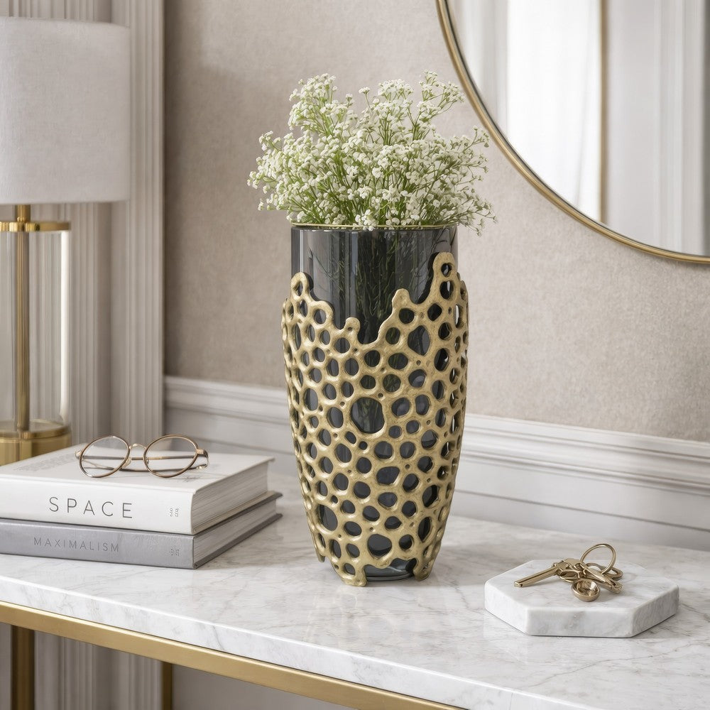 Brian Decorative Vase w Gold Metal Sculpted Lid | Black Glass 15"