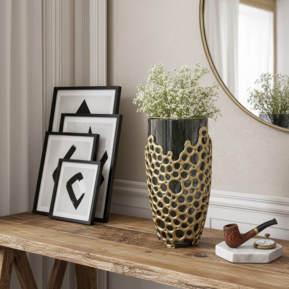 Brian Decorative Vase w Gold Metal Sculpted Lid | Black Glass 15"