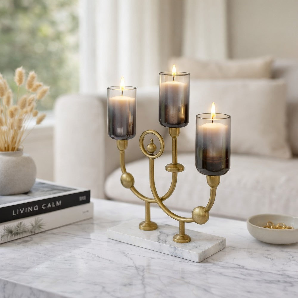 Vinie Candle Holder | Vintage 3 Arm Design | Gold Finish | Black Glass 17"