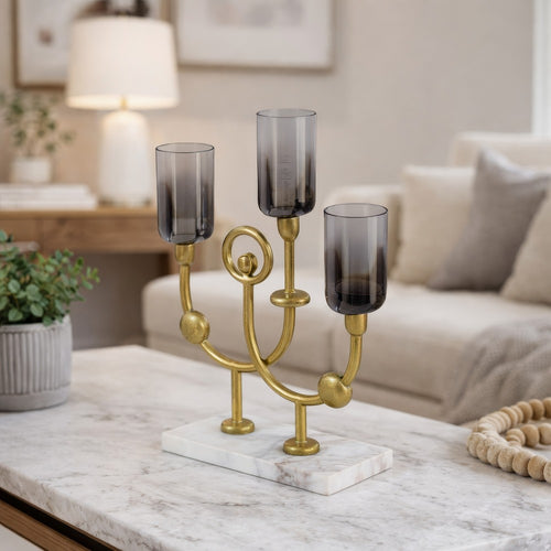 Vinie Candle Holder | Vintage 3 Arm Design | Gold Finish | Black Glass 17"