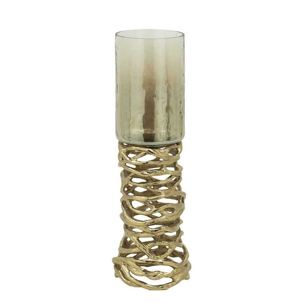 Ashly Candle Holder | Swirled Branch Accent | Gold Finish | Brown Glass 15"