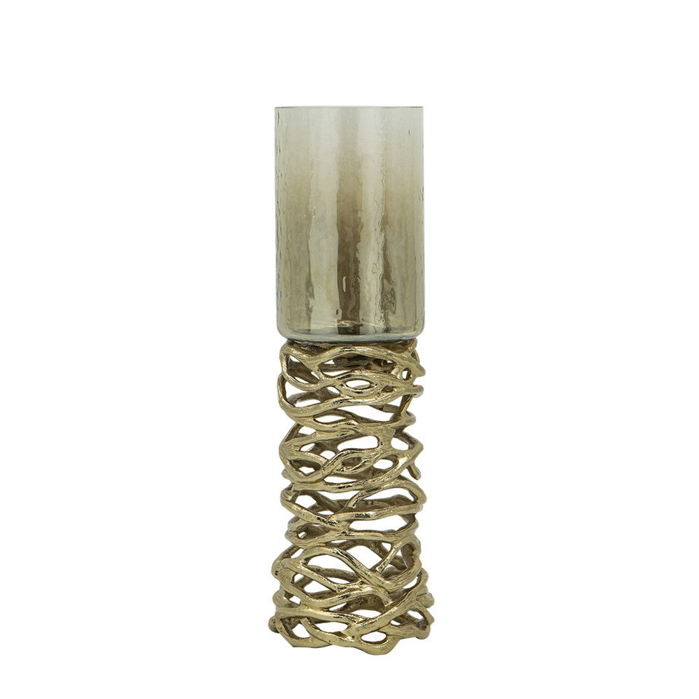 Ashly Candle Holder | Swirled Branch Accent | Gold Finish | Brown Glass 15"