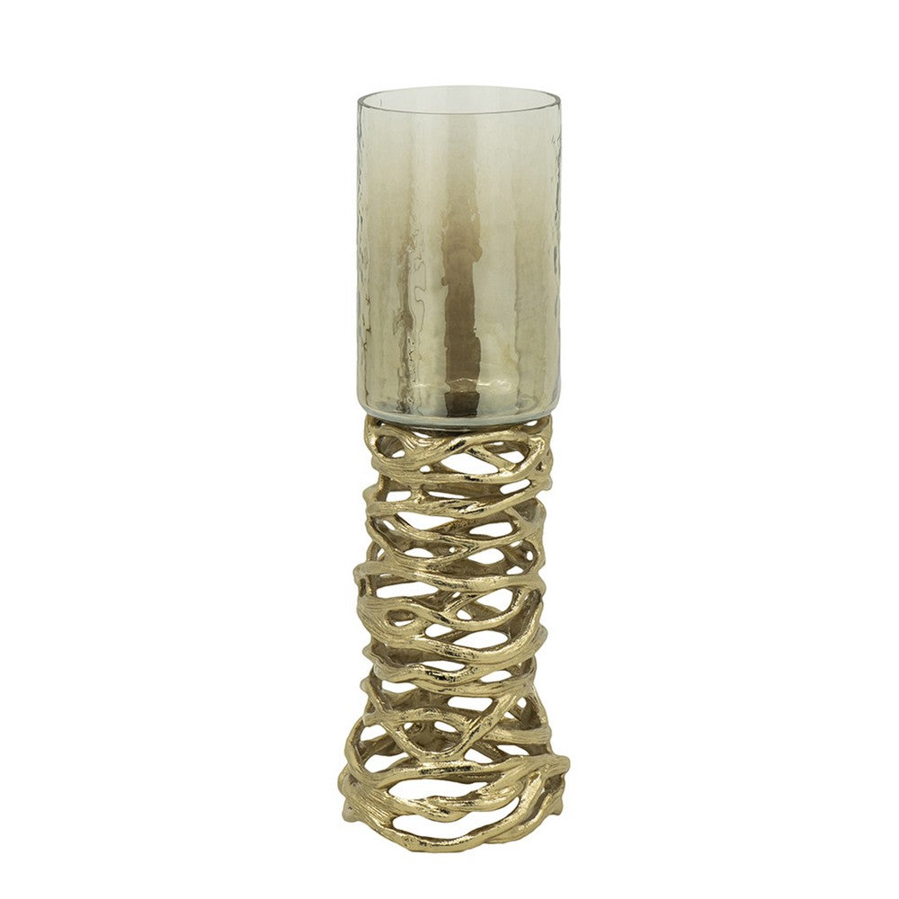 Ashly Candle Holder | Swirled Branch Accent | Gold Finish | Brown Glass 15"