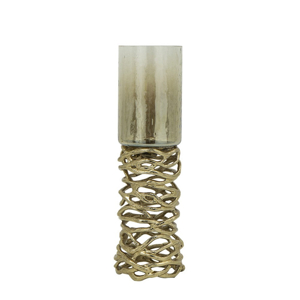 Ashly Candle Holder | Swirled Branch Accent | Gold Finish | Brown Glass 15"