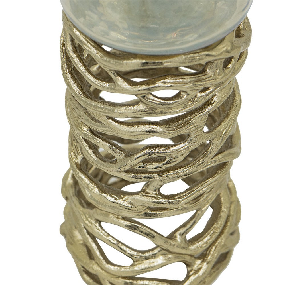 Ashly Candle Holder | Swirled Branch Accent | Gold Finish | Brown Glass 15"