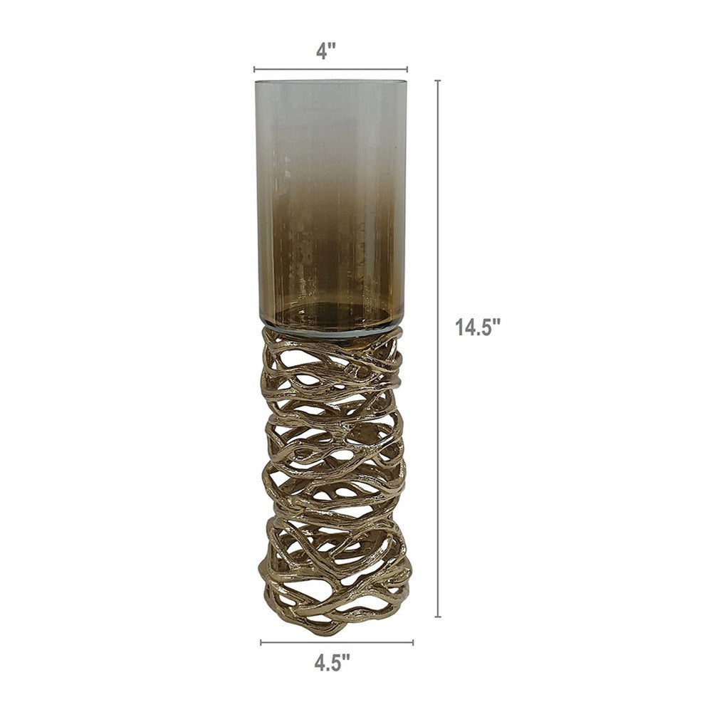 Ashly Candle Holder | Swirled Branch Accent | Gold Finish | Brown Glass 15"