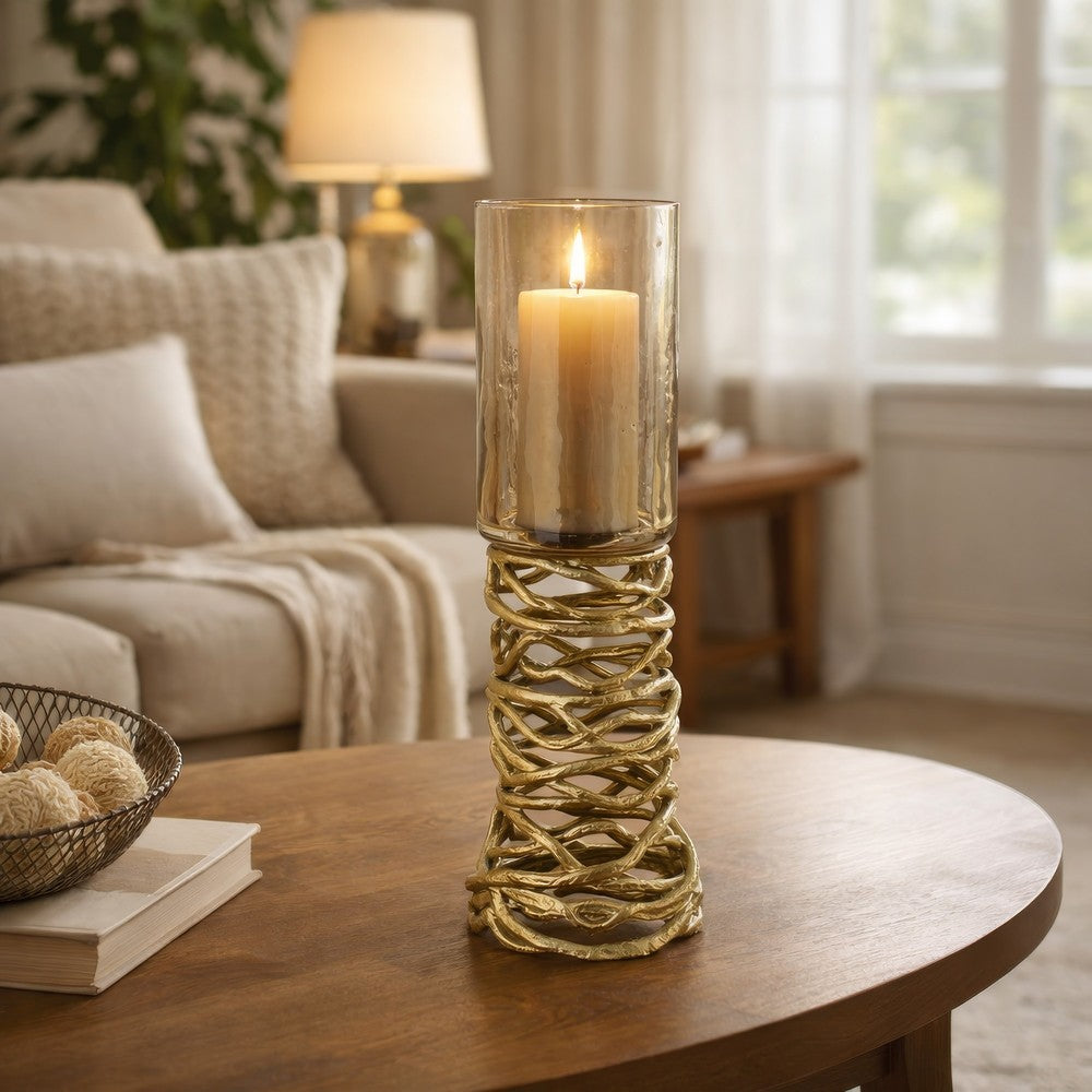 Ashly Candle Holder | Swirled Branch Accent | Gold Finish | Brown Glass 15"