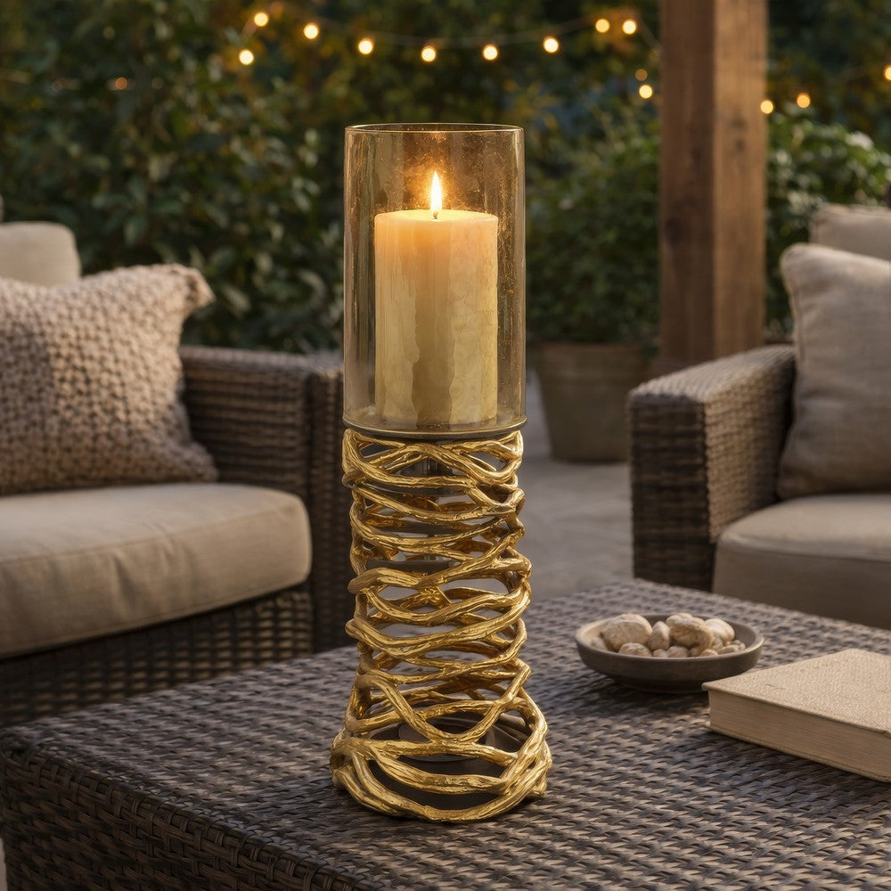 Ashly Candle Holder | Swirled Branch Accent | Gold Finish | Brown Glass 15"