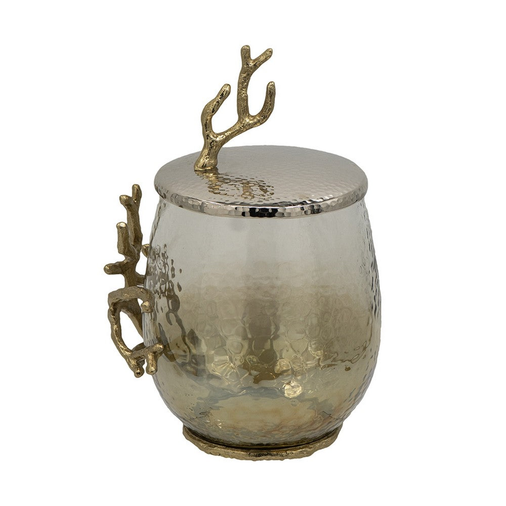 Akra Large Mabrey Jar | Gold Branch-Like Lid | Brown Hammered Glass 11"