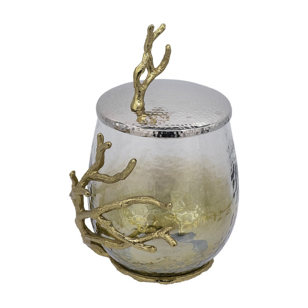 Akra Large Mabrey Jar | Gold Branch-Like Lid | Brown Hammered Glass 11"