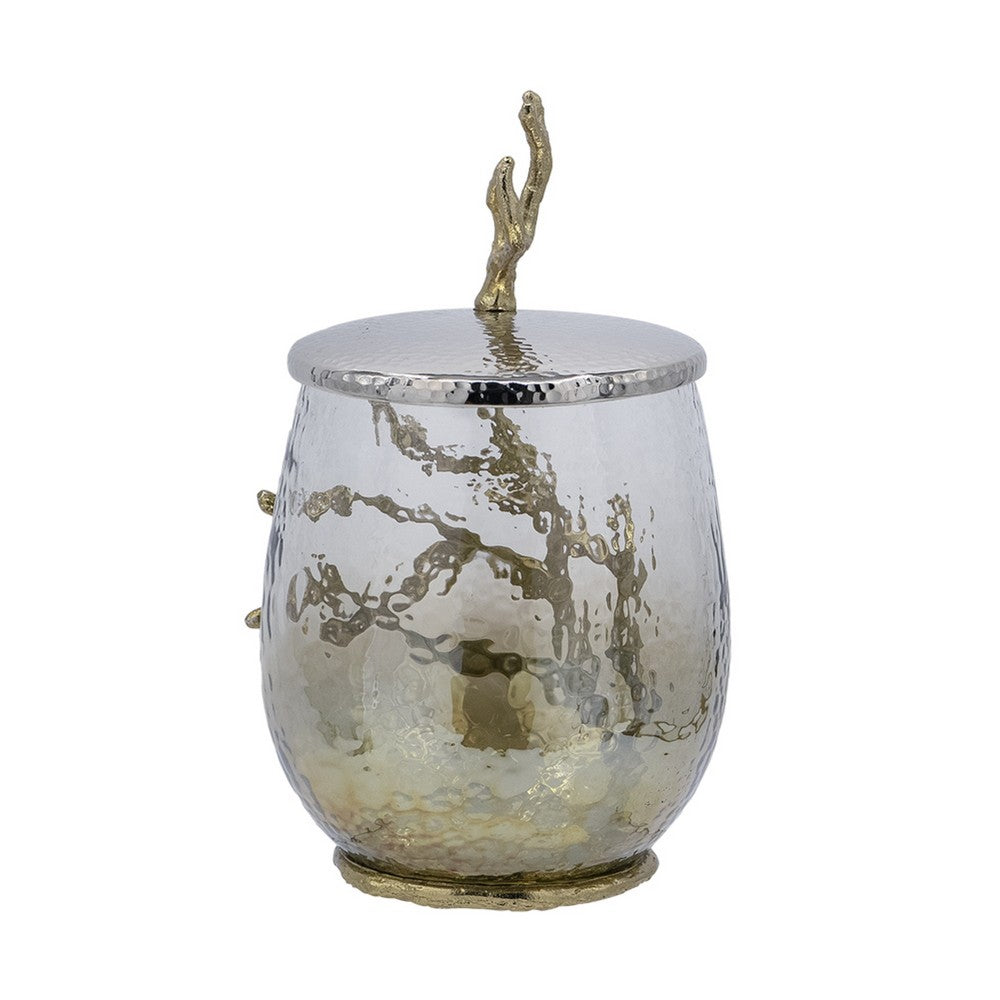 Akra Large Mabrey Jar | Gold Branch-Like Lid | Brown Hammered Glass 11"