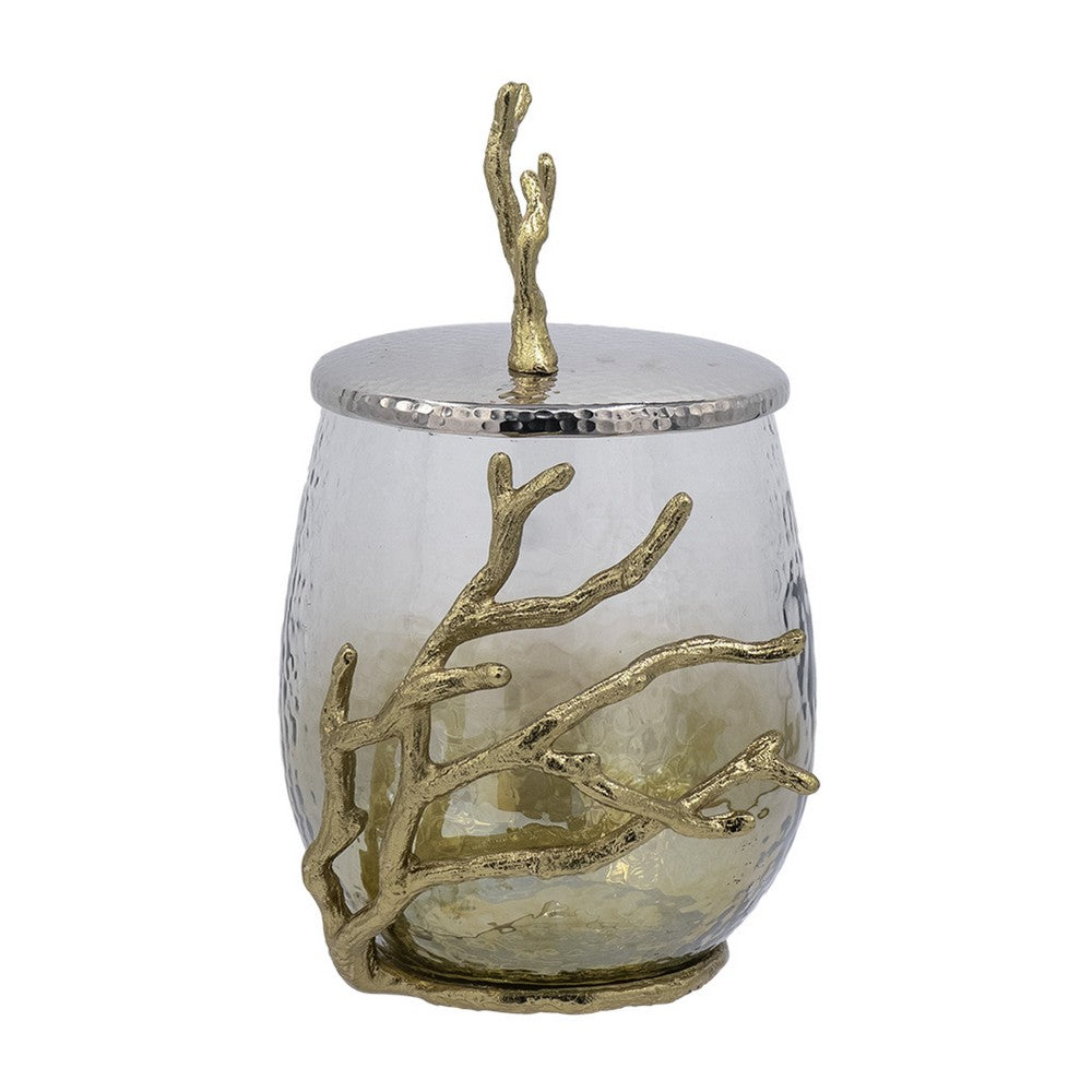Akra Large Mabrey Jar | Gold Branch-Like Lid | Brown Hammered Glass 11"