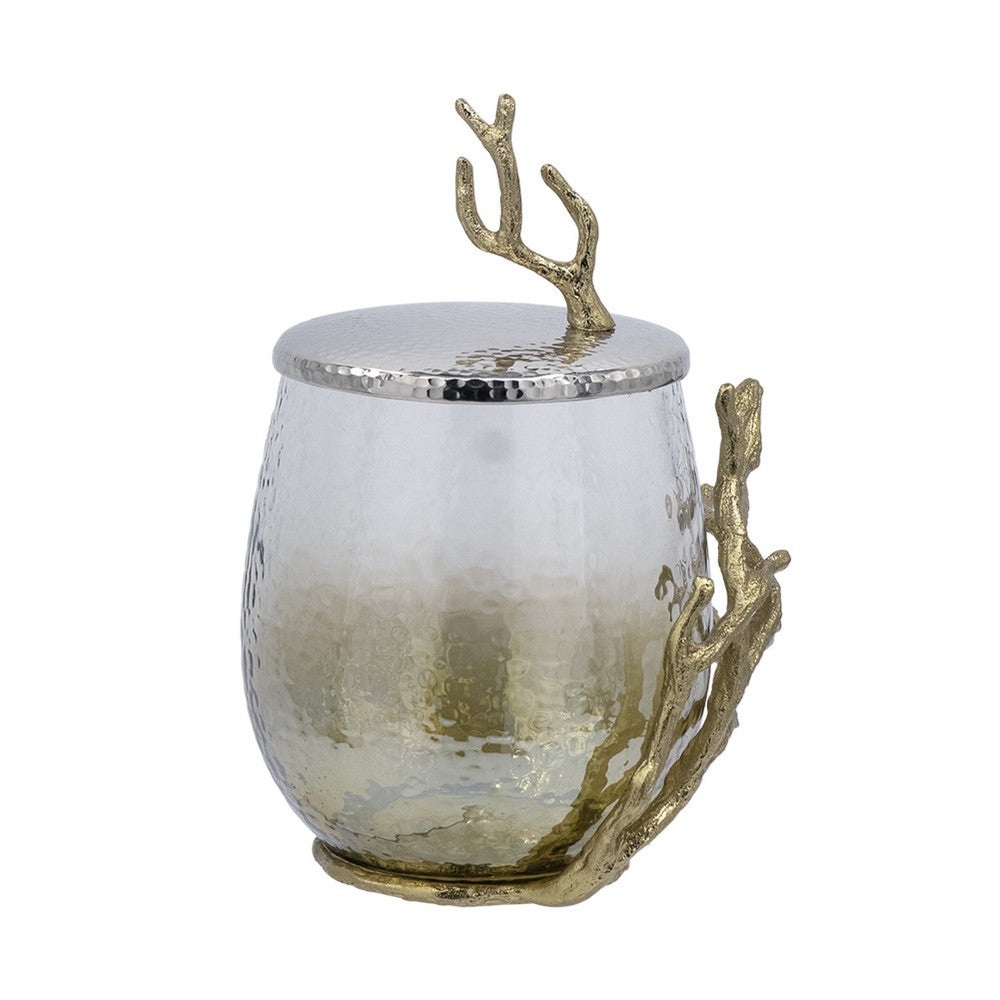 Akra Large Mabrey Jar | Gold Branch-Like Lid | Brown Hammered Glass 11"
