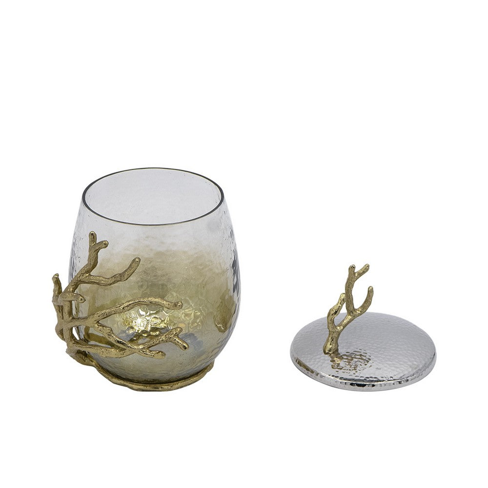 Akra Large Mabrey Jar | Gold Branch-Like Lid | Brown Hammered Glass 11"