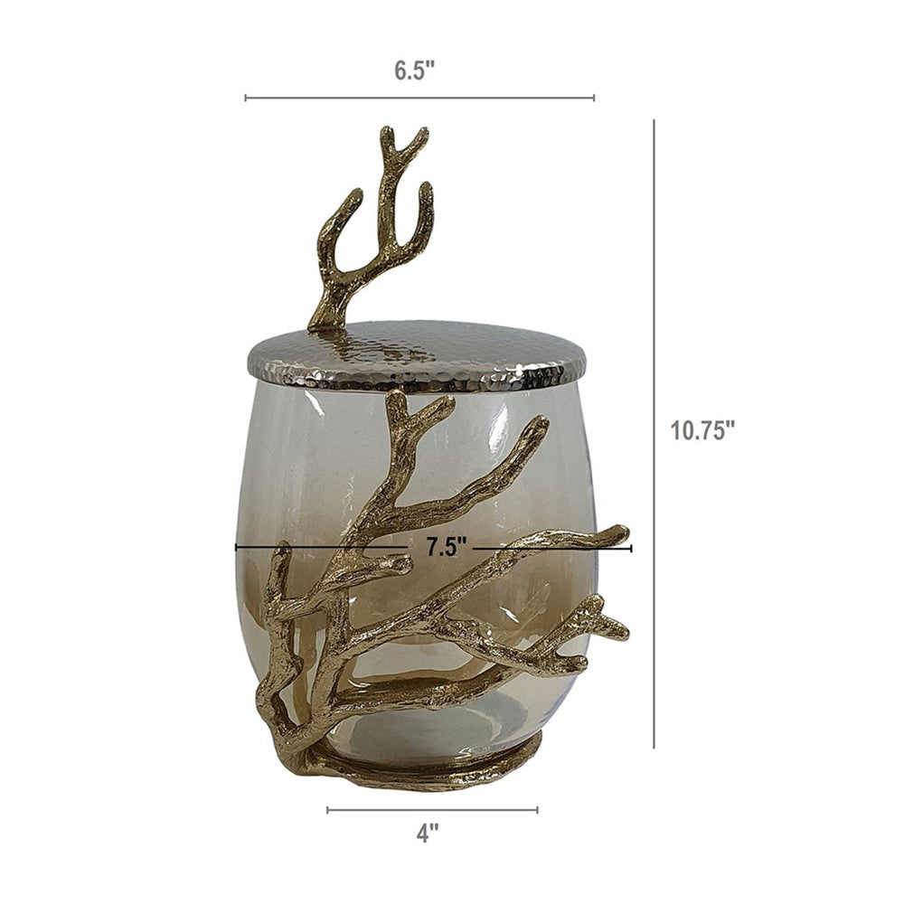 Akra Large Mabrey Jar | Gold Branch-Like Lid | Brown Hammered Glass 11"
