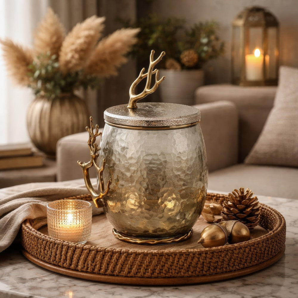 Akra Large Mabrey Jar | Gold Branch-Like Lid | Brown Hammered Glass 11"