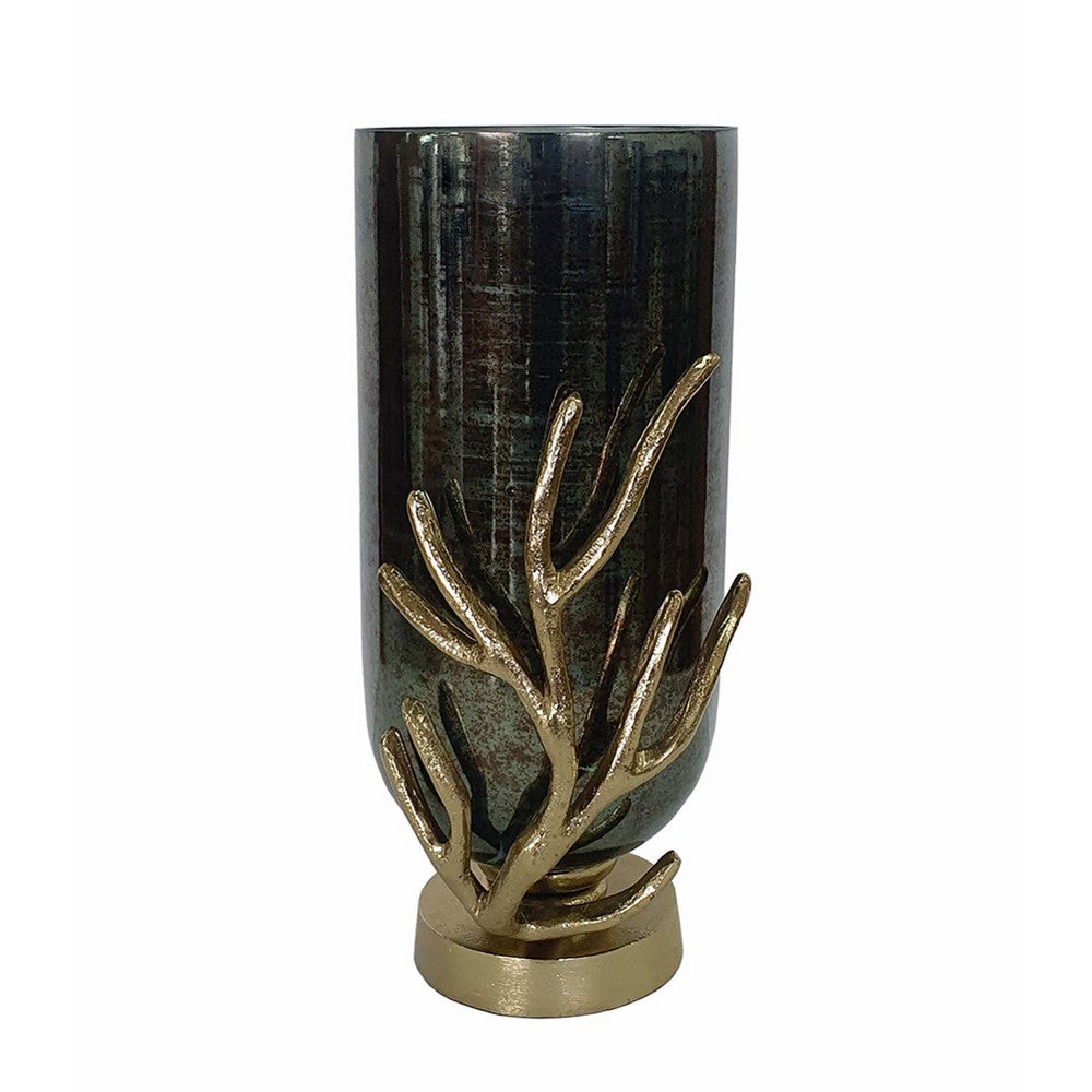 Jenise Small Vase w Gold Aluminum Leaf Accent | Silver-Black Glass 14"