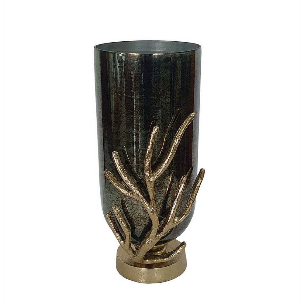 Jenise Small Vase w Gold Aluminum Leaf Accent | Silver-Black Glass 14"
