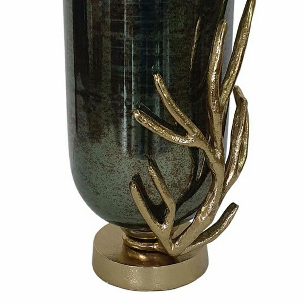 Jenise Small Vase w Gold Aluminum Leaf Accent | Silver-Black Glass 14"