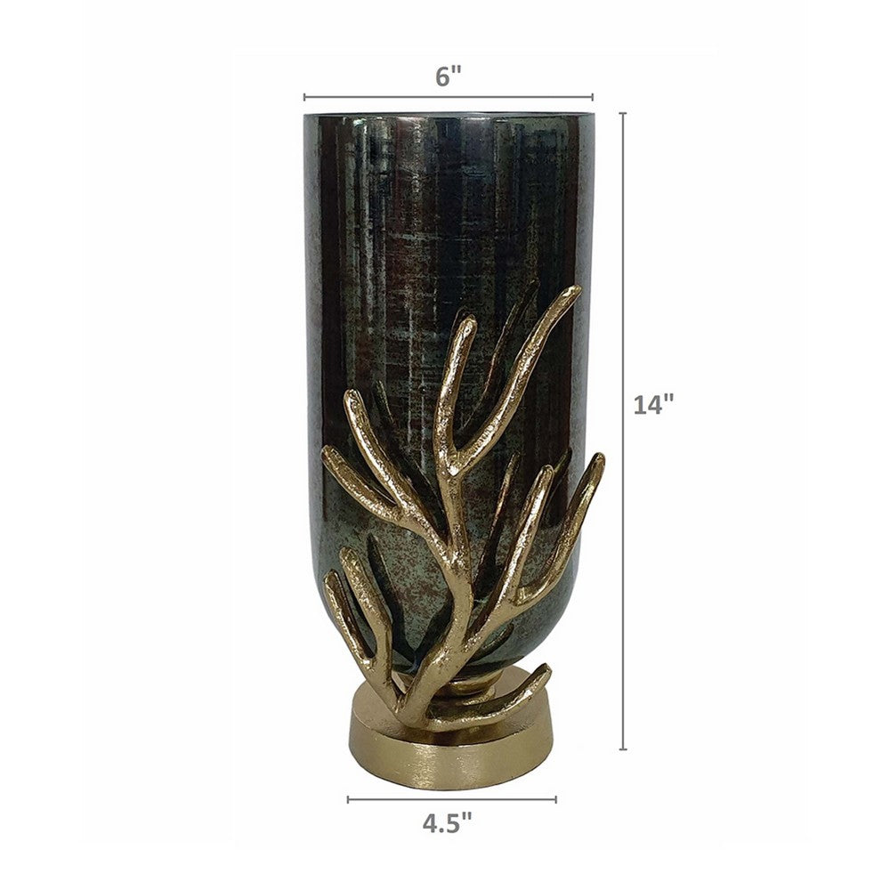 Jenise Small Vase w Gold Aluminum Leaf Accent | Silver-Black Glass 14"