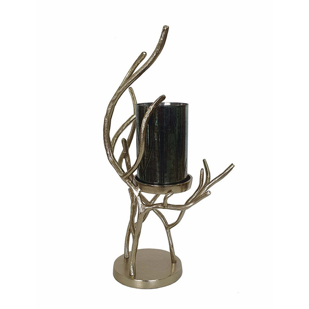 Minie Candle Holder | Twisted Branch Base | Gold Finish | Black Glass 18"