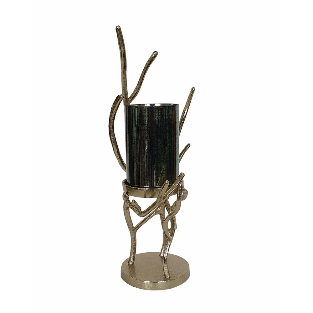 Minie Candle Holder | Twisted Branch Base | Gold Finish | Black Glass 18"