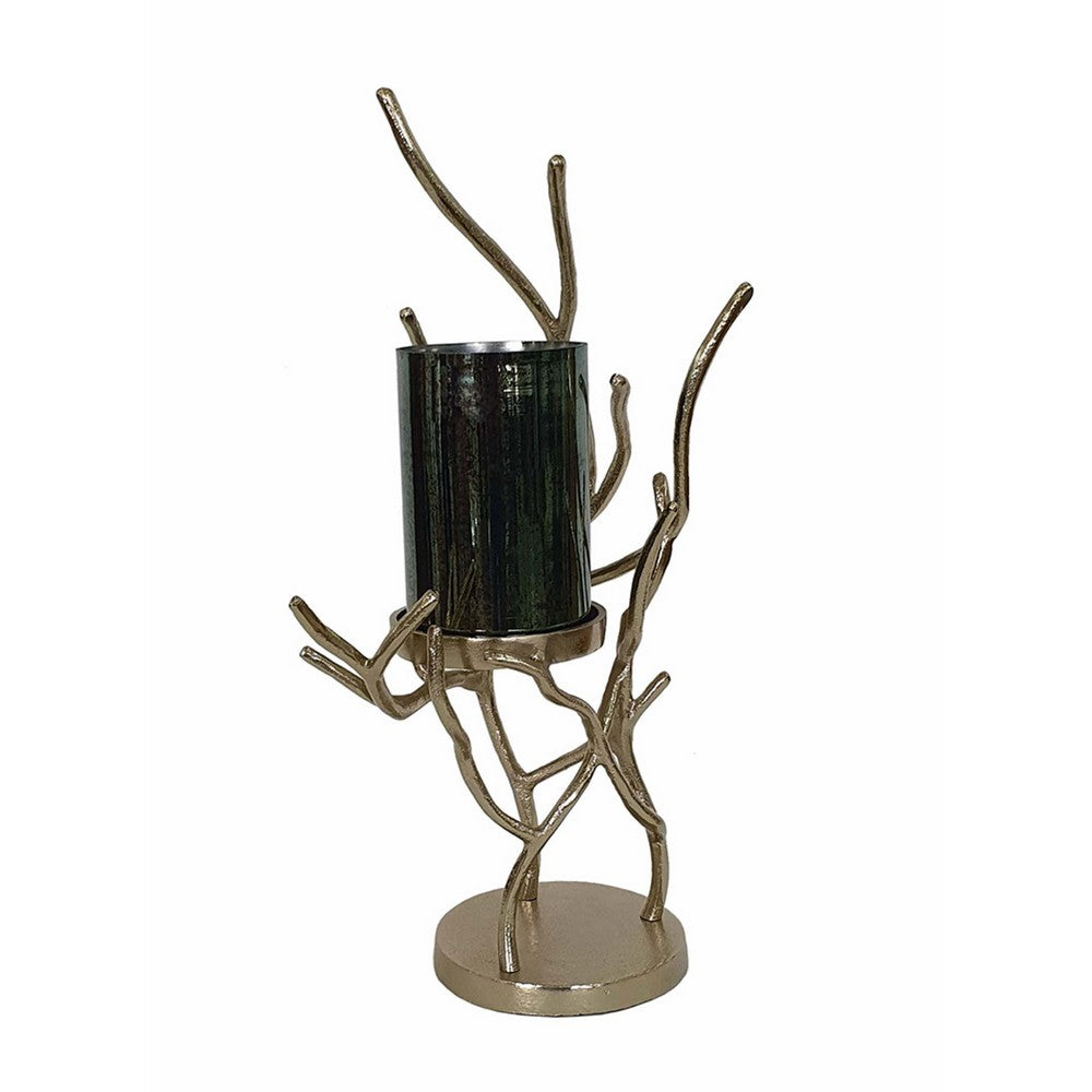Minie Candle Holder | Twisted Branch Base | Gold Finish | Black Glass 18"
