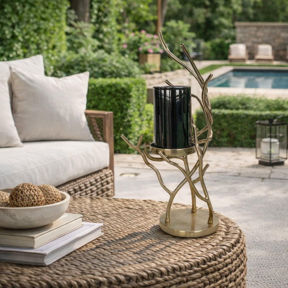 Minie Candle Holder | Twisted Branch Base | Gold Finish | Black Glass 18"