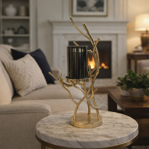 Minie Candle Holder | Twisted Branch Base | Gold Finish | Black Glass 18"