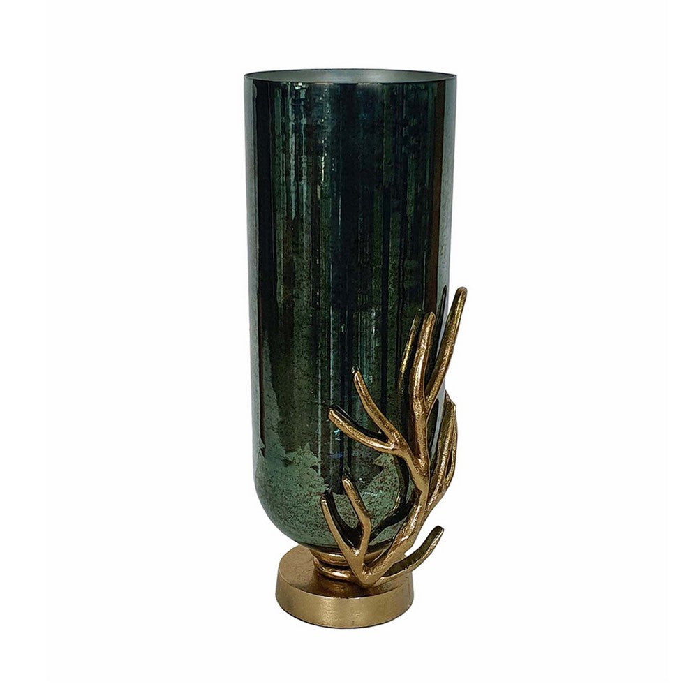 Jenise Large Vase w Gold Aluminum Leaf Accent | Silver-Black Glass 17"