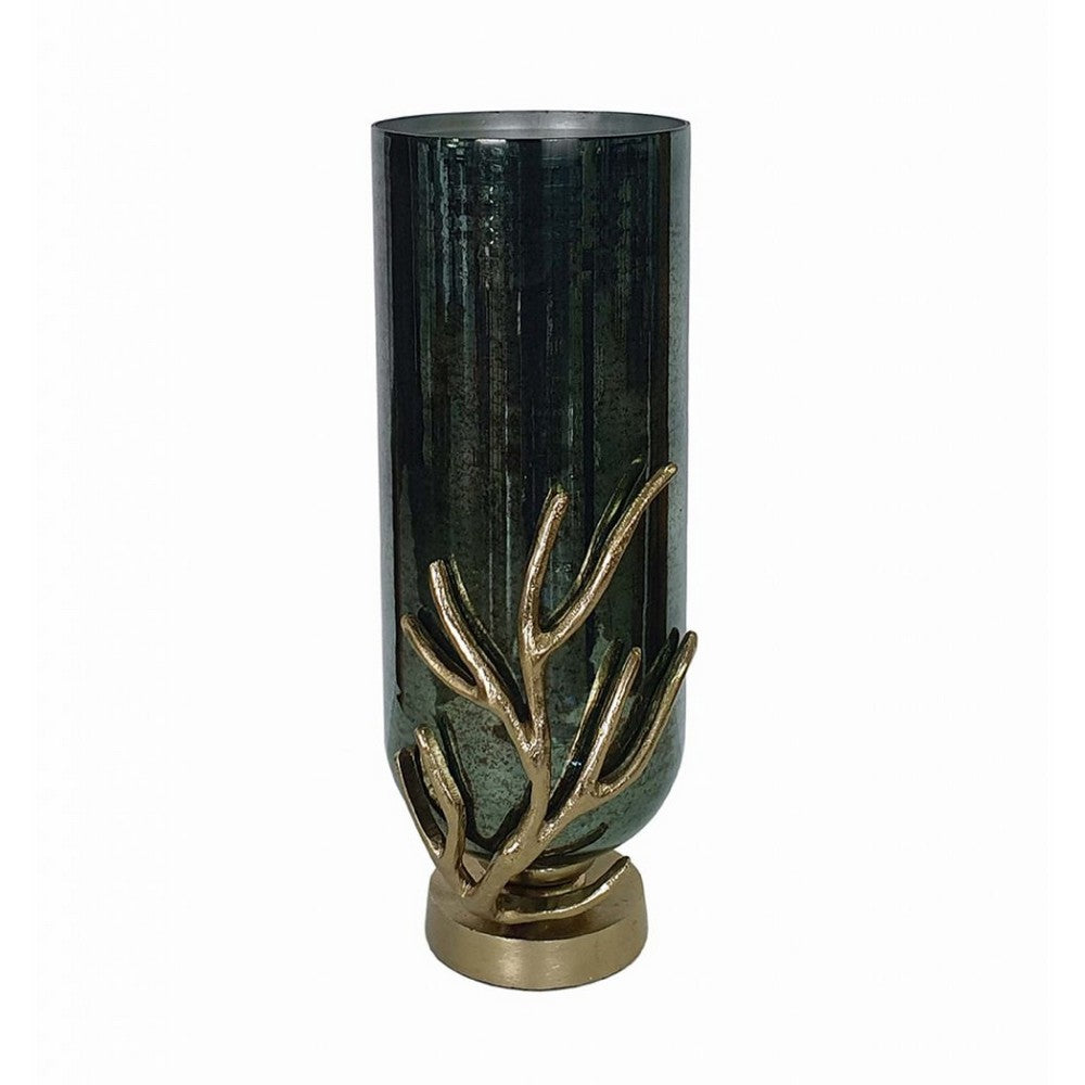 Jenise Large Vase w Gold Aluminum Leaf Accent | Silver-Black Glass 17"