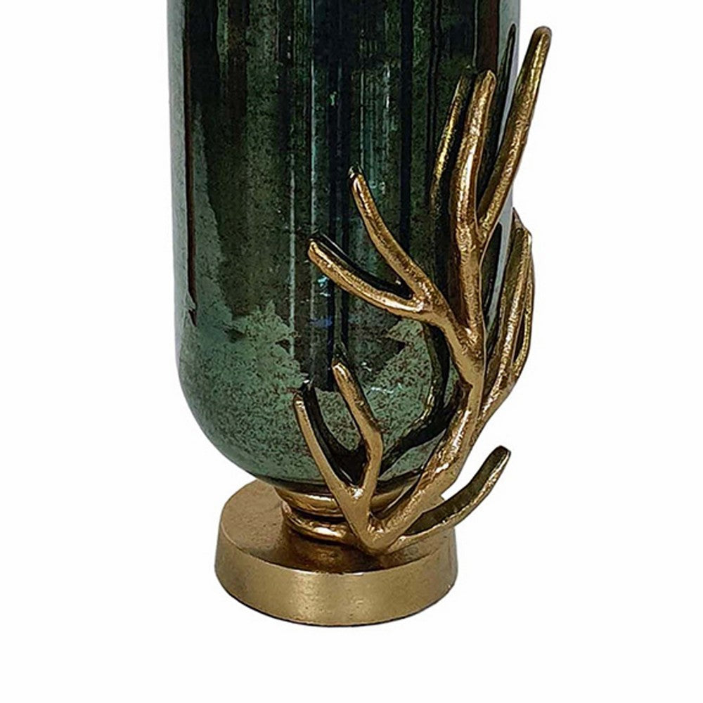 Jenise Large Vase w Gold Aluminum Leaf Accent | Silver-Black Glass 17"