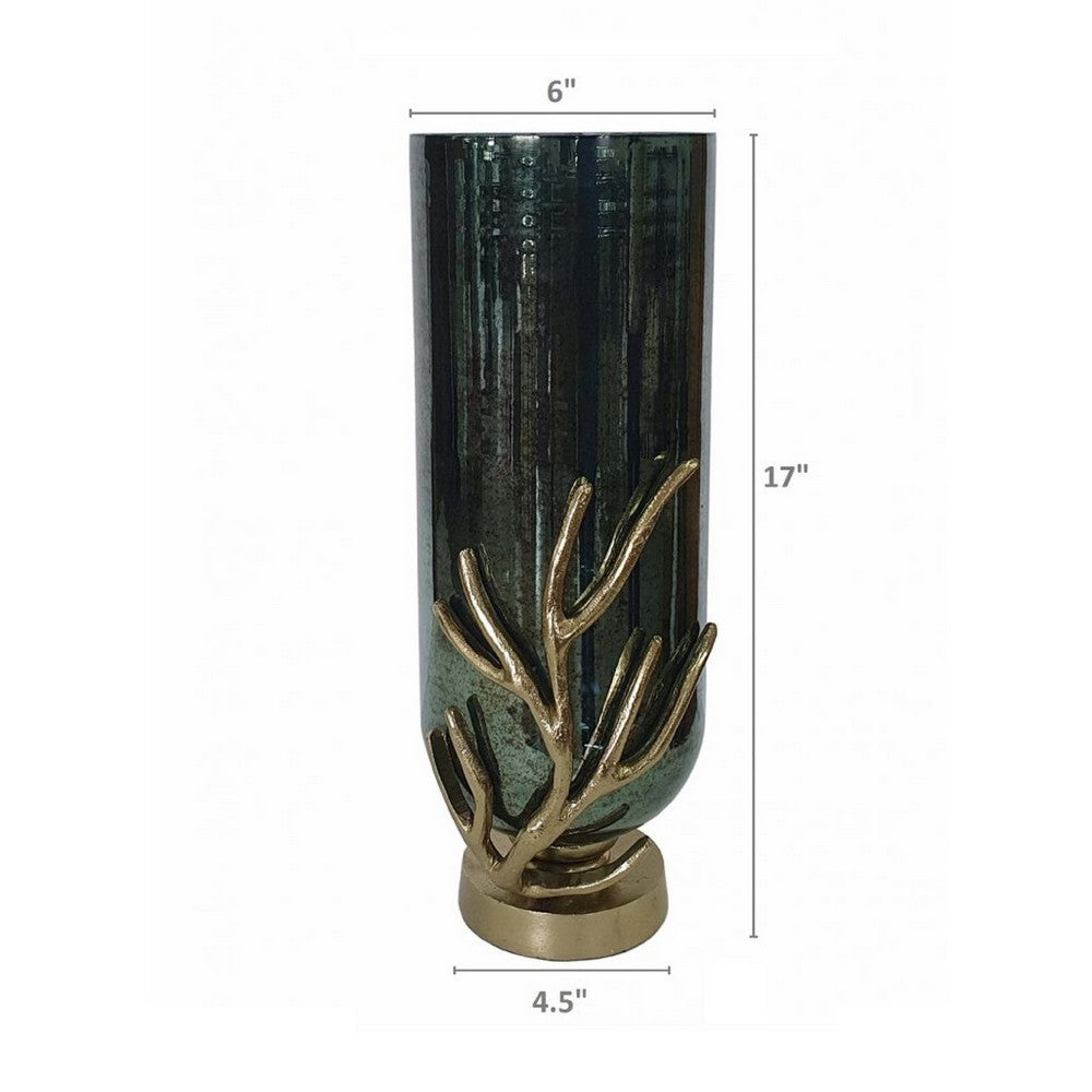 Jenise Large Vase w Gold Aluminum Leaf Accent | Silver-Black Glass 17"