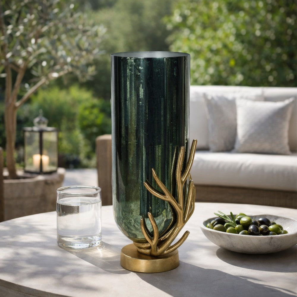 Jenise Large Vase w Gold Aluminum Leaf Accent | Silver-Black Glass 17"