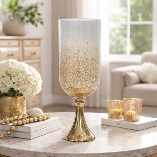 Ketty Decorative Vase | Vintage Form Gold Speckled Details | White Glass 18"