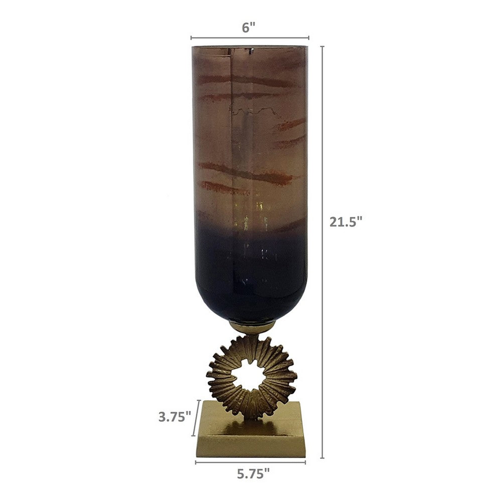 Ginny Vase | Sculpted Classical Gold Ring Accent | Gold-Gray Glass | 22"