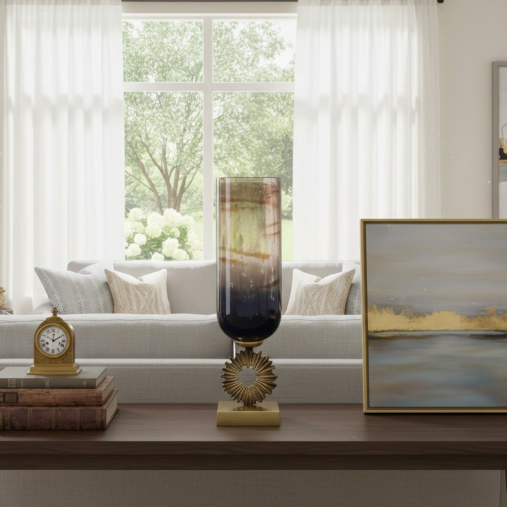 Ginny Vase | Sculpted Classical Gold Ring Accent | Gold-Gray Glass | 22"