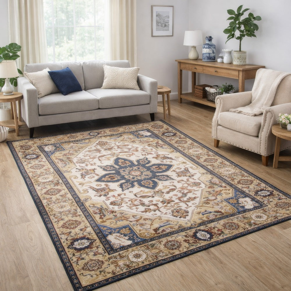 Hano 6x9 Large Area Rug | Vintage Blue Gold Bohemian Persian Style