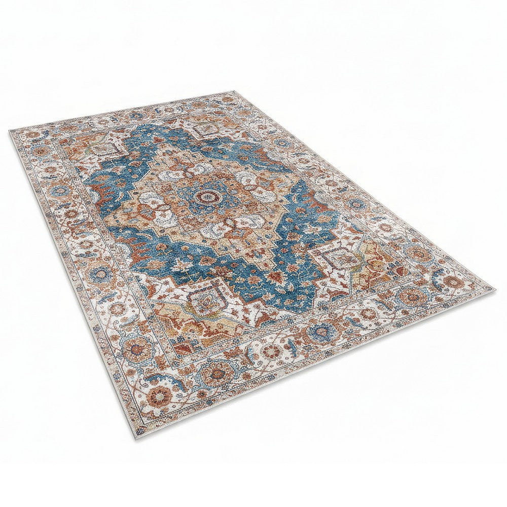 5x7 Medium Area Rug | Vintage Blue Yellow Persian Floral Pattern