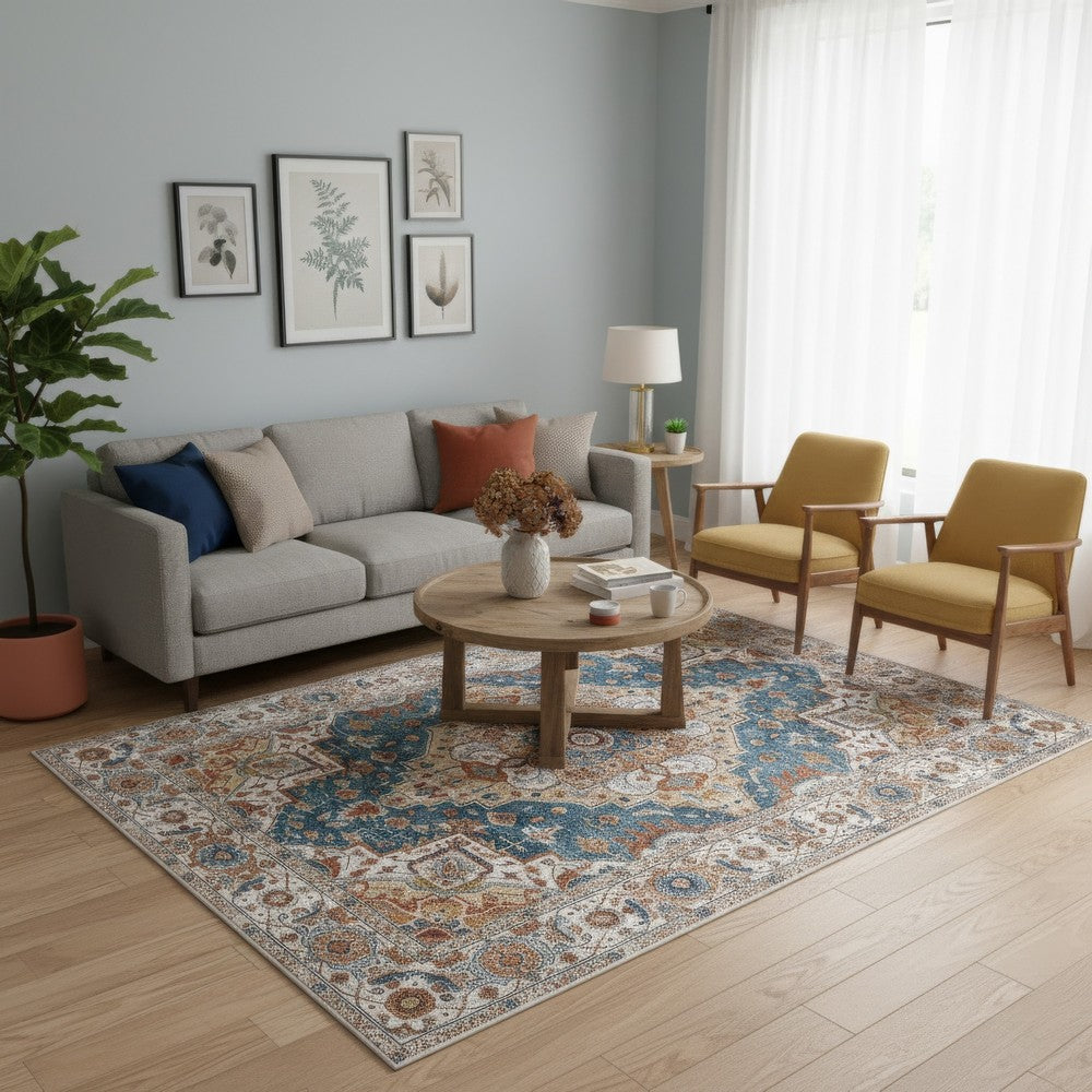 5x7 Medium Area Rug | Vintage Blue Yellow Persian Floral Pattern