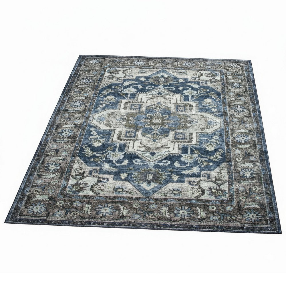 5x7 Medium Area Rug | Blue & Brown Bohemian Vintage Floral Pattern
