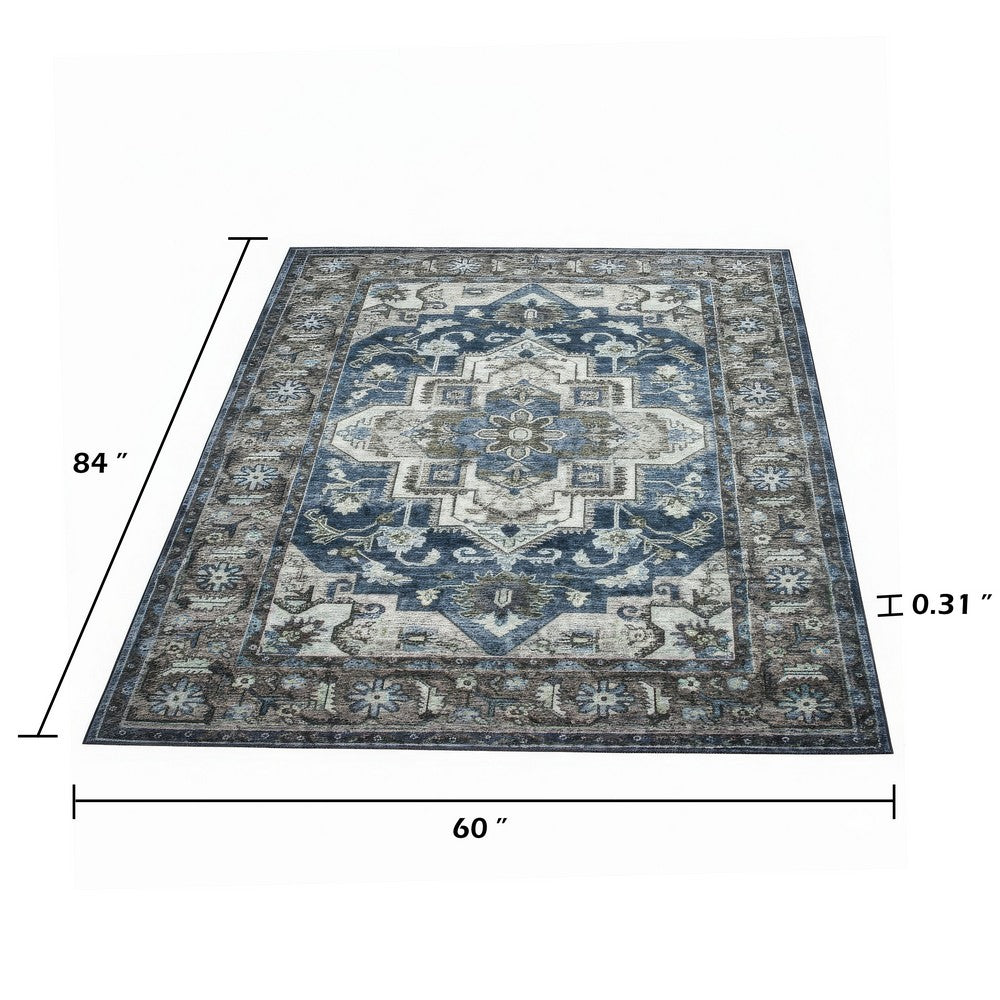 5x7 Medium Area Rug | Blue & Brown Bohemian Vintage Floral Pattern