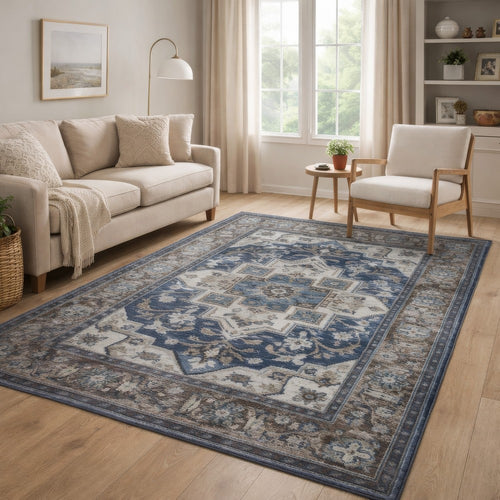 5x7 Medium Area Rug | Blue & Brown Bohemian Vintage Floral Pattern