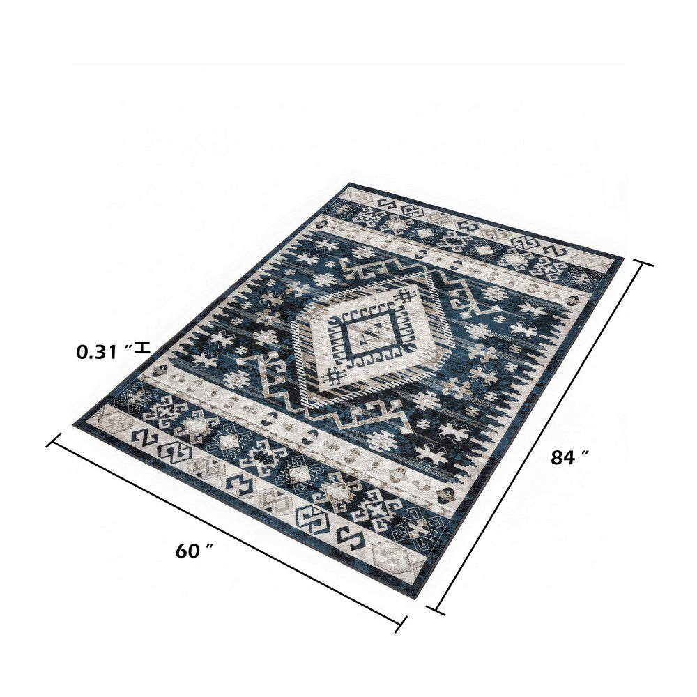 Jena 5x7 Medium Area Rug | Persian Geometric Design | Black Blue