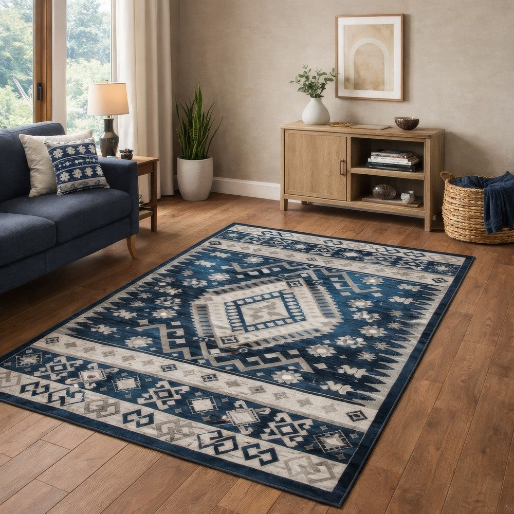 Jena 5x7 Medium Area Rug | Persian Geometric Design | Black Blue