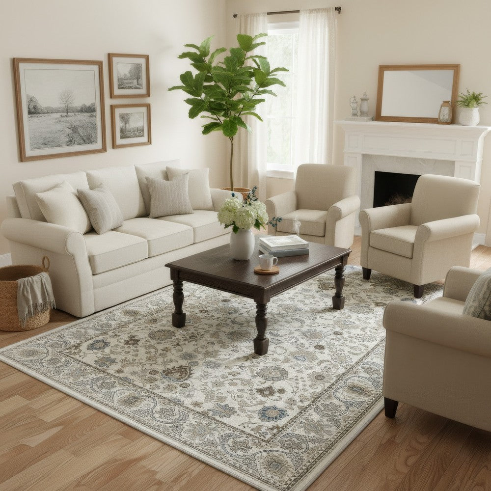 6x9 Medium Area Rug | Light Khaki & Beige Vintage Floral Patterns